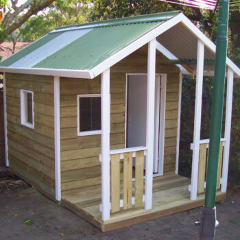 cubby house 2.8m x 1.8m with deck, x2 perspex windows, ply door, painted trim $1420