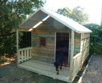 dog kennel 2.4m x 2.4m, gable roof, 2.4m deck with side rails, perspex window $1630