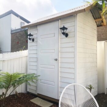 extra small garden tools shed with exterior lights